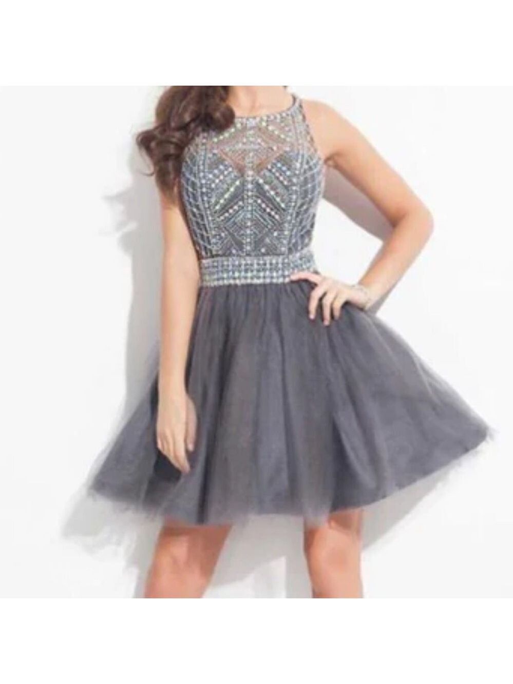 GLS APPAREL Beaded Halter Backless Full Skirt Layered Tulle Dress Prom Party L